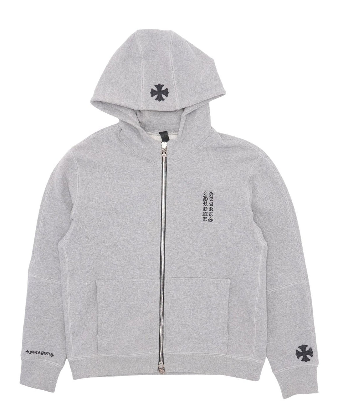 Chrome Hearts Leather Plus Cross Patch Grey Zip Up Hoodie
