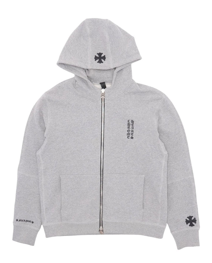 Chrome Hearts Leather Plus Cross Patch Grey Zip Up Hoodie