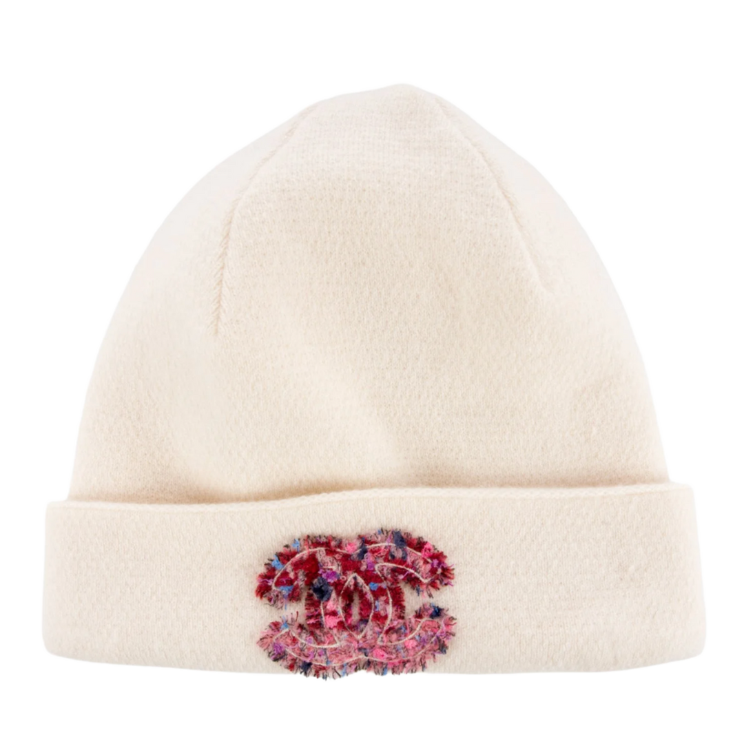 Chanel 'Multicolor Logo' Cream Cashmere Beanie
