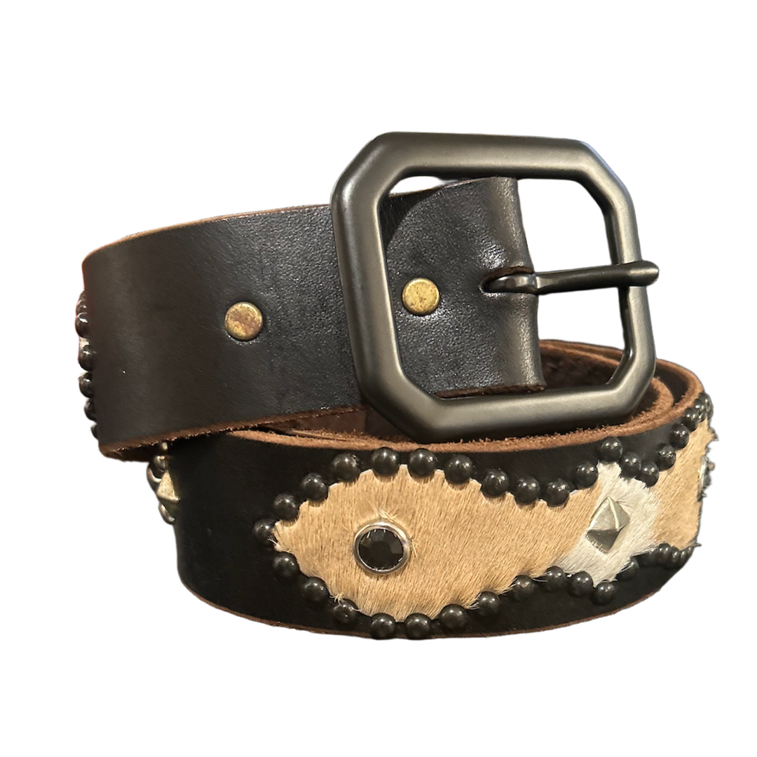 Studded 'White/Brown Hair' Black Gem Leather Belt