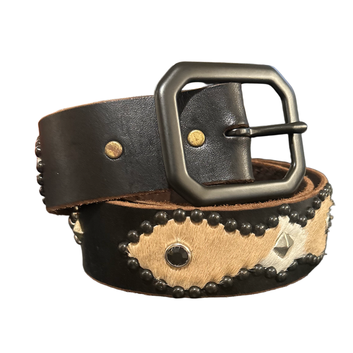 Studded 'White/Brown Hair' Black Gem Leather Belt