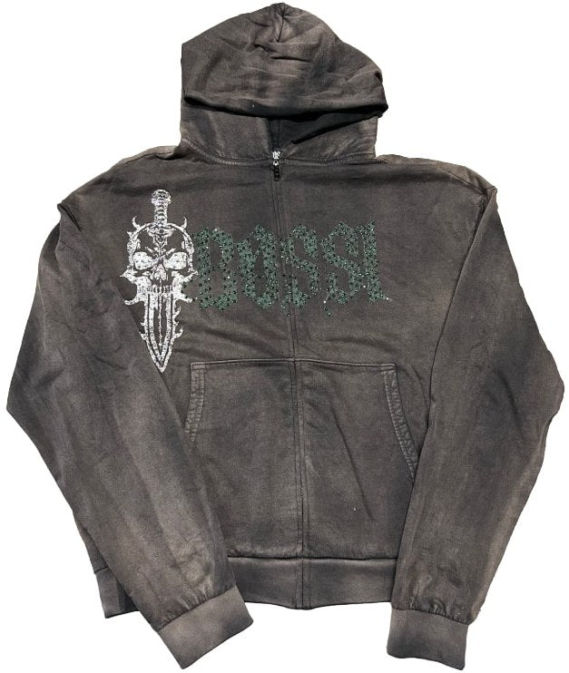 Bossi 'White/Green Dagger' Rhinestone Zip-Up Hoodie