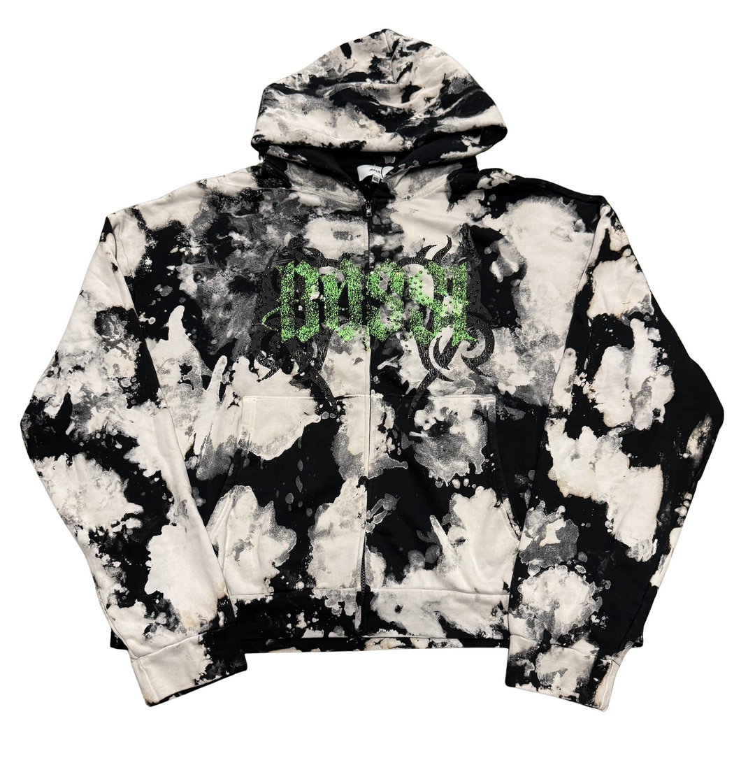 Bossi 'Tie-Dye' Black/White/Green Rhinestone Zip Up Hoodie