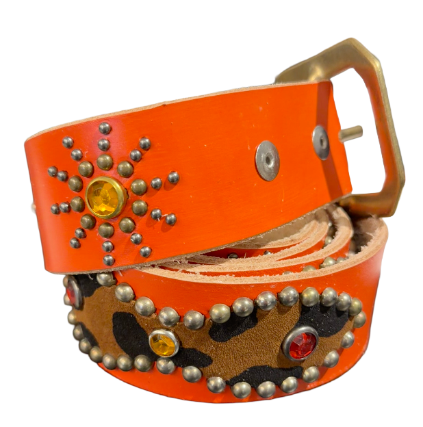 Studded 'Cheetah Leather/ Sun Gem' Orange Belt