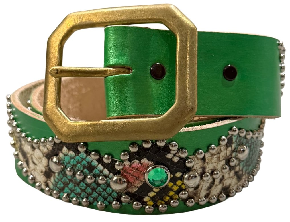 Studded 'Multicolor Snakeskin/Green Gem' Green Belt