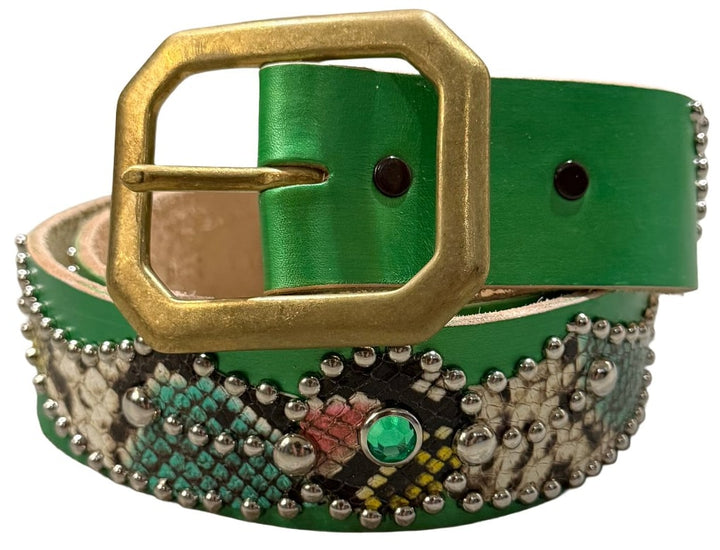 Studded 'Multicolor Snakeskin/Green Gem' Green Belt