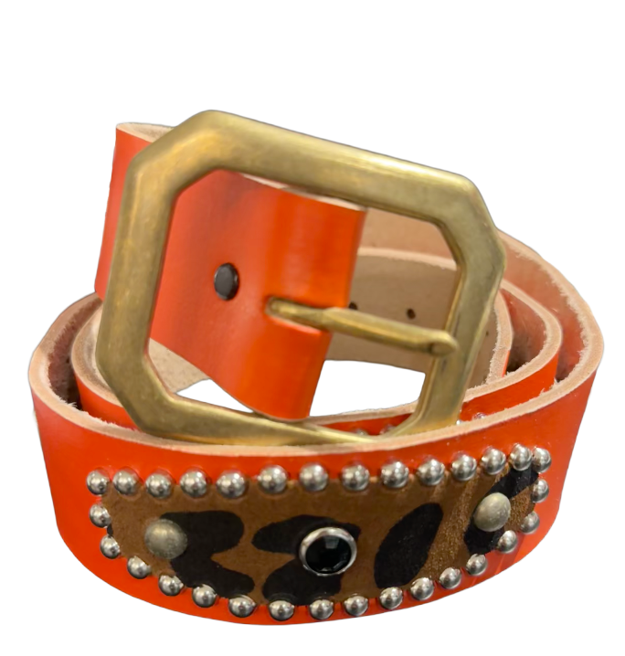 Studded 'Cheetah Leather Silver' Orange Belt