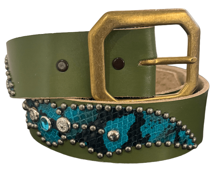 Studded 'Turqoise Snakeskin' Spider Gem Olive Belt