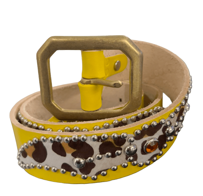 Studded 'White Leopard Fur Spider Gem' Yellow Belt