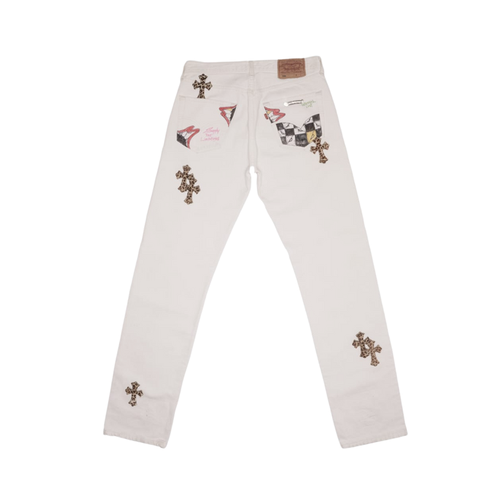 Chrome Hearts Matty Boy 'Sex Records Cheetah Patch' Levi 501 White Jeans