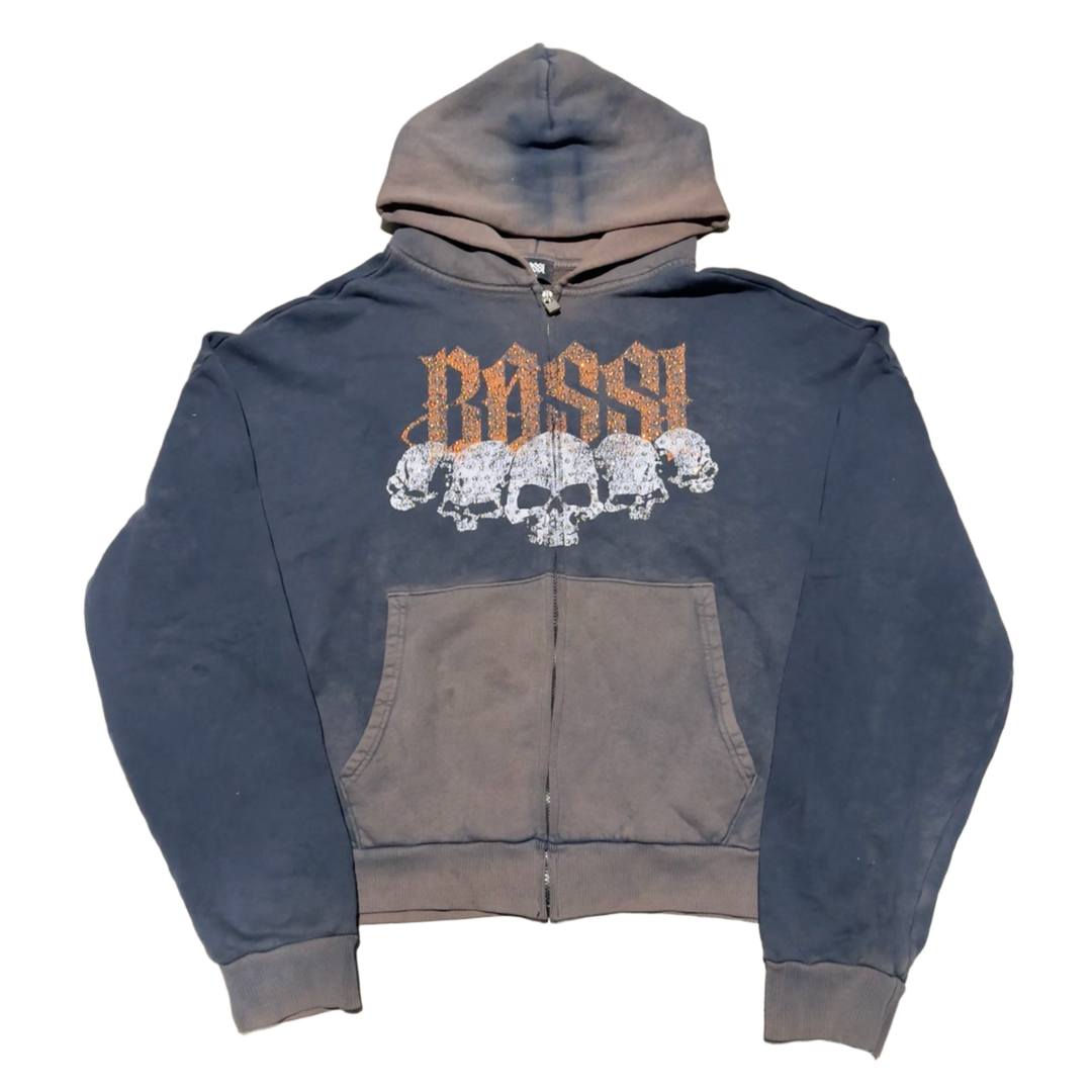 Bossi '5 Skulls' Washed Black Zip Up Hoodie