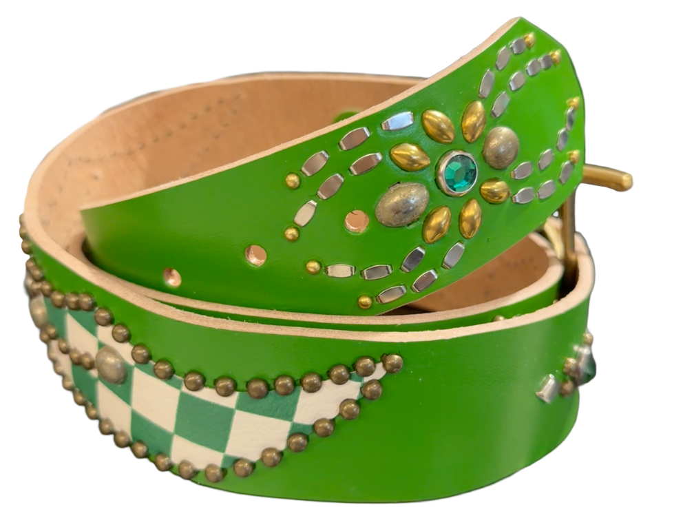 Studded 'Checkered Leather Spider Gem' Green Belt