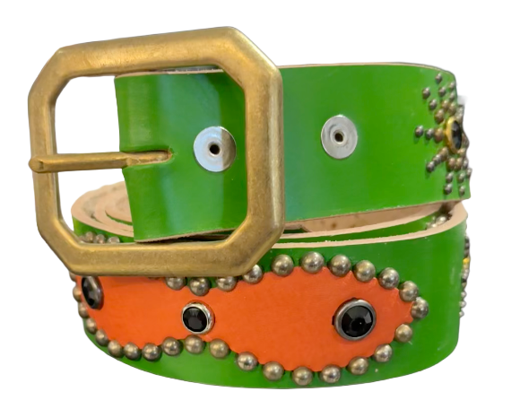 Studded 'Peach Leather/ Black Gem Sun' Green Belt