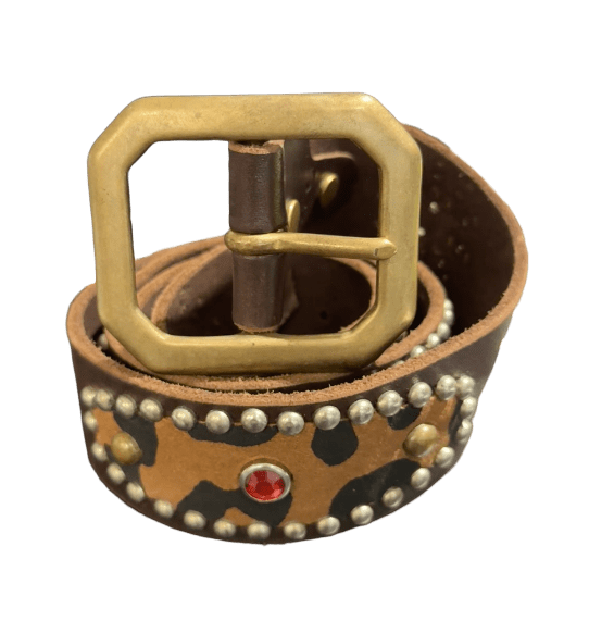Studded 'Cheetah Leather Sun Gem SIlver Skull' Brown Belt