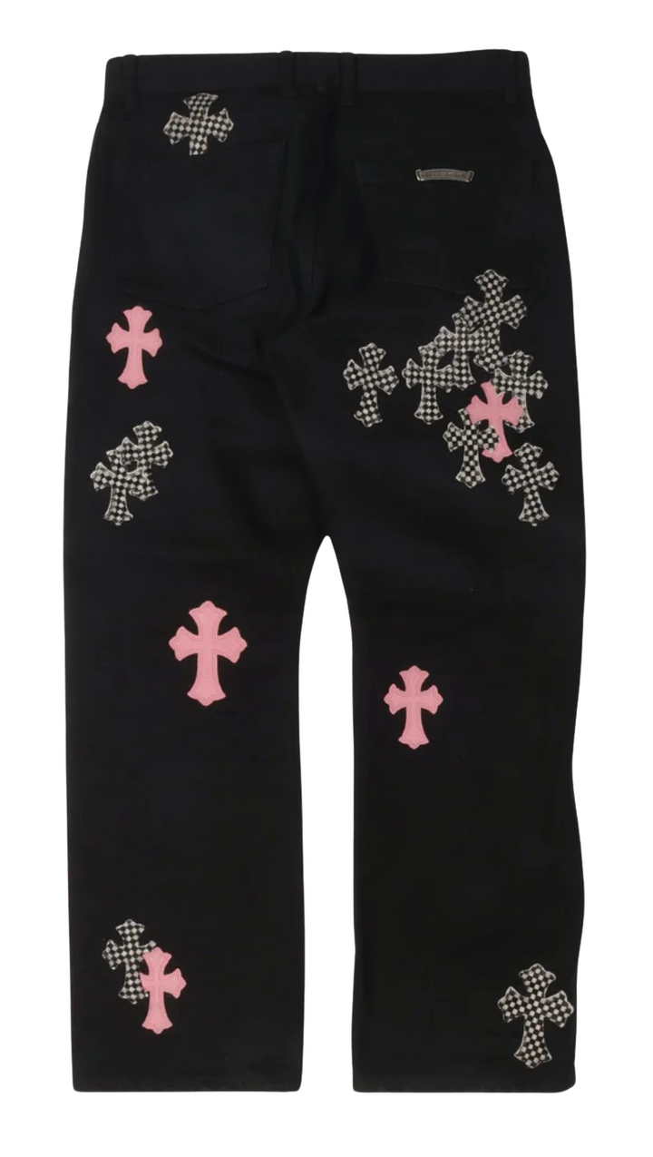 Chrome Hearts 'Black/Pink Cross Patch Fleur Knee' Jeans