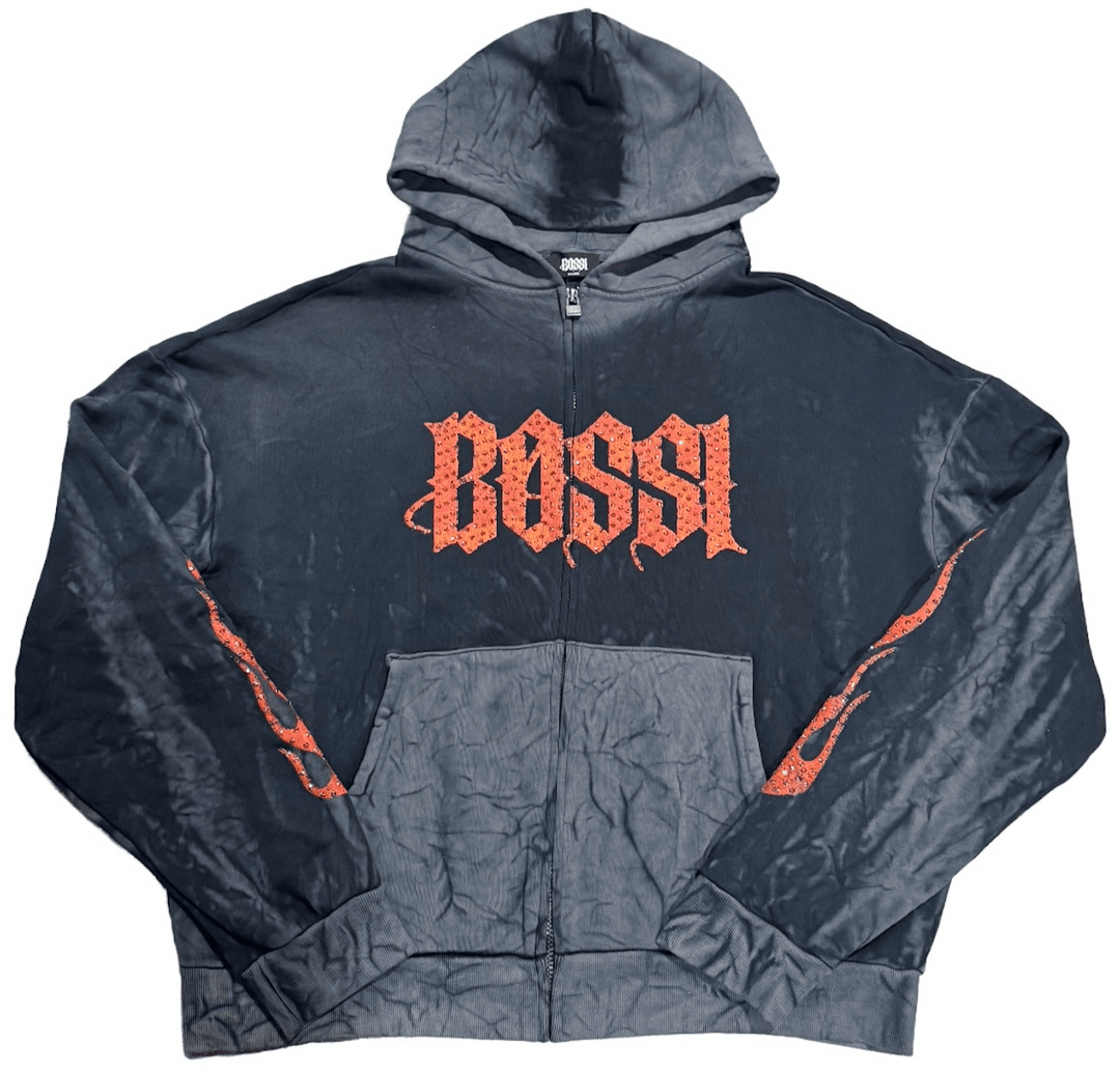 Bossi 'Black and Orange' Washed Black Rhinestone Zip-Up