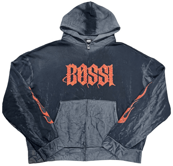 Bossi 'Black and Orange' Washed Black Rhinestone Zip-Up
