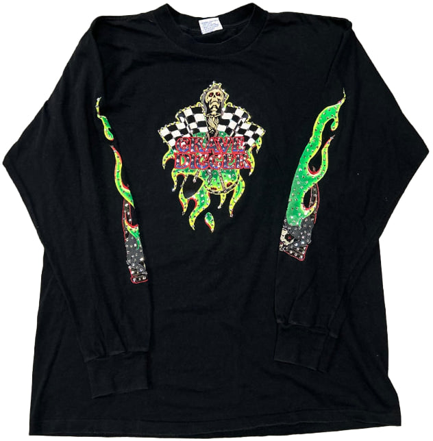 Grave Digger 'Green Flames' RHinestone Vintage L/S