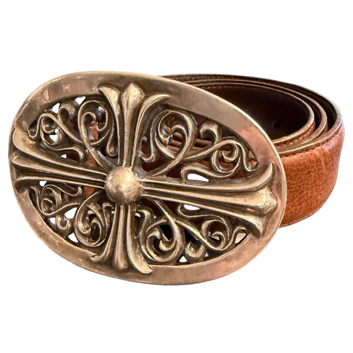 Chrome Hearts 'Silver' Oval Cross Jumbo Brown Belt 