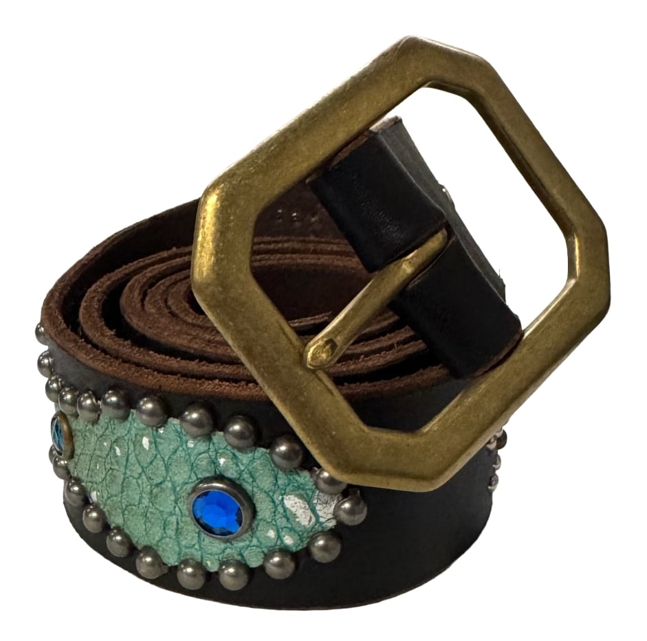 Studded 'Fuck Off' Turquoise Alligator Black Belt