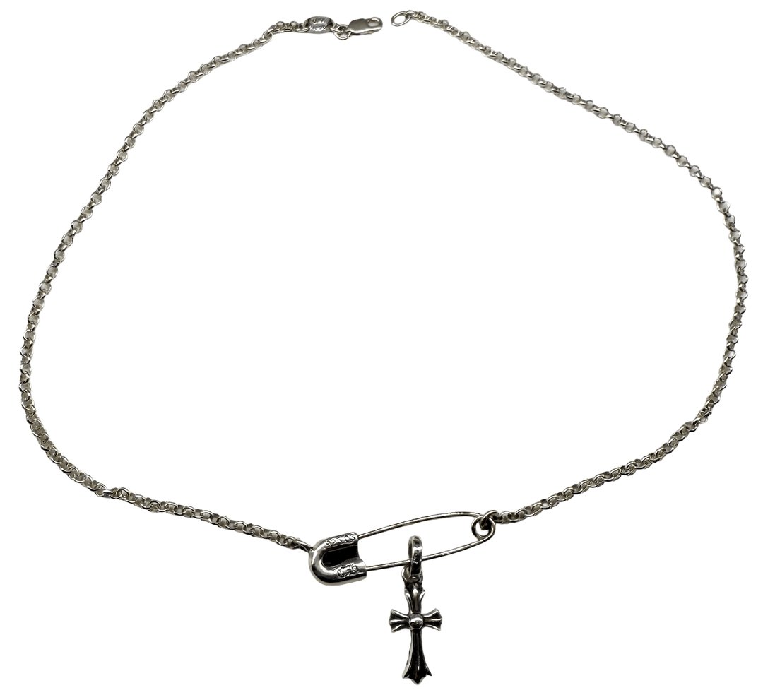 Chrome Hearts Silver 'Safety Pin and Diamond Cross' 15.5in Chain Necklace