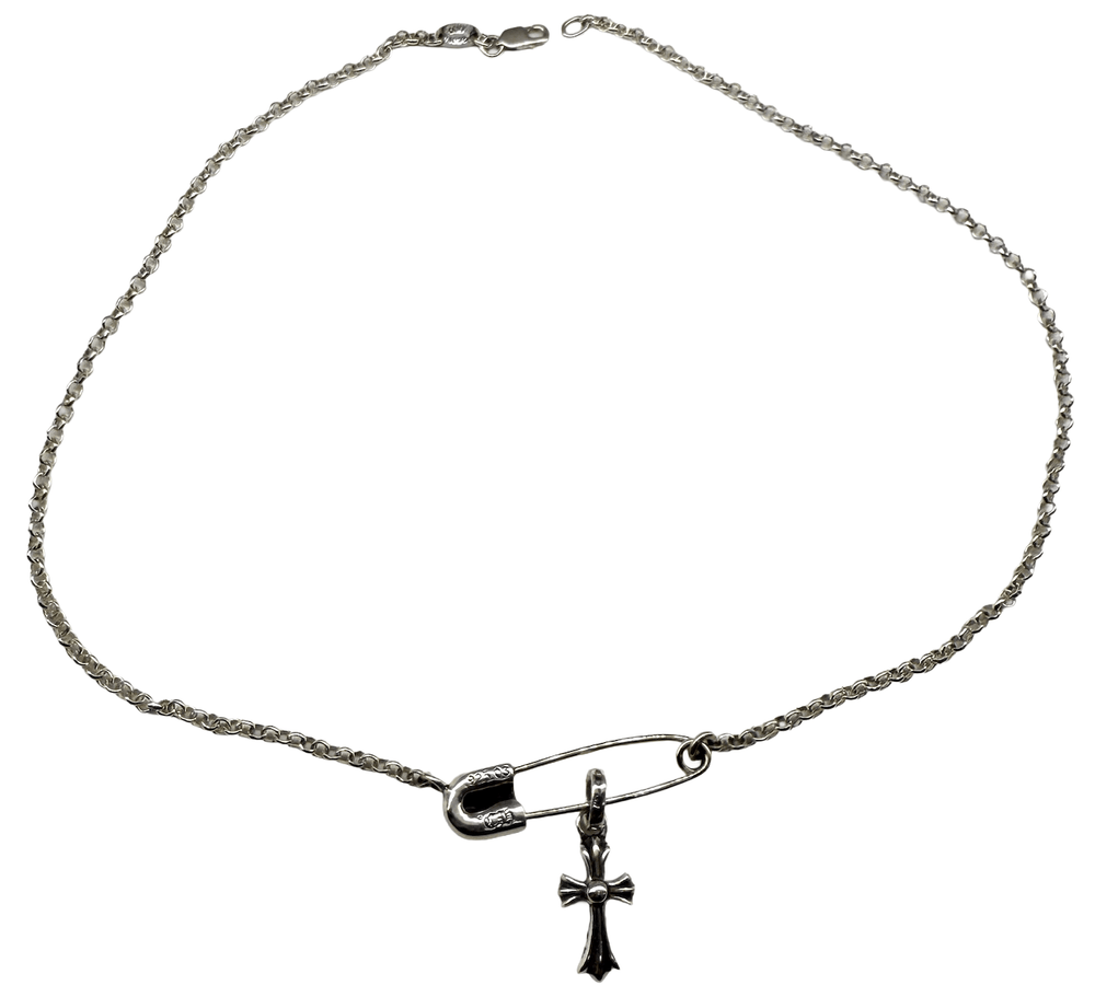 Chrome Hearts Silver 'Safety Pin and Diamond Cross' 15.5in Chain Necklace