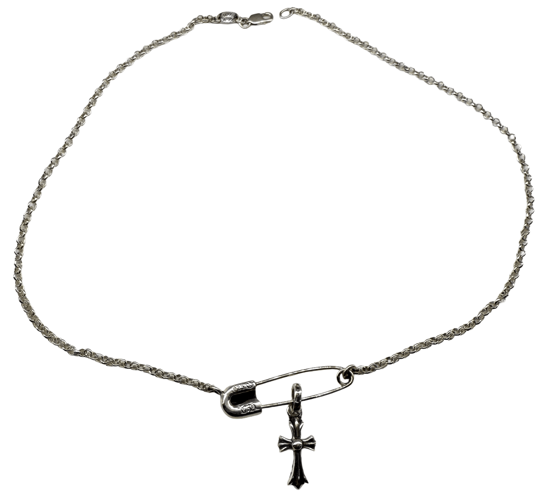 Chrome Hearts Silver 'Safety Pin and Diamond Cross' 15.5in Chain Necklace