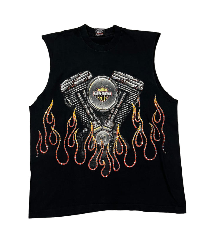 Harley Davidson 'V2 Flames' Rhinestone Vintage Cutoff