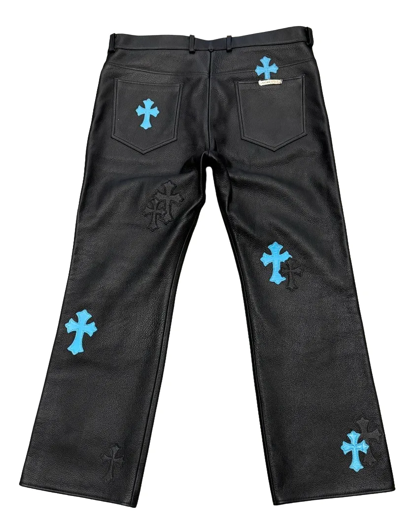 Chrome Hearts Blue Black Leather Cross 20 Patch Black Leather Pants