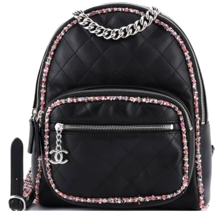 Chanel 'Elegant Trim' Quilted Leather Tweed Navy Backpack