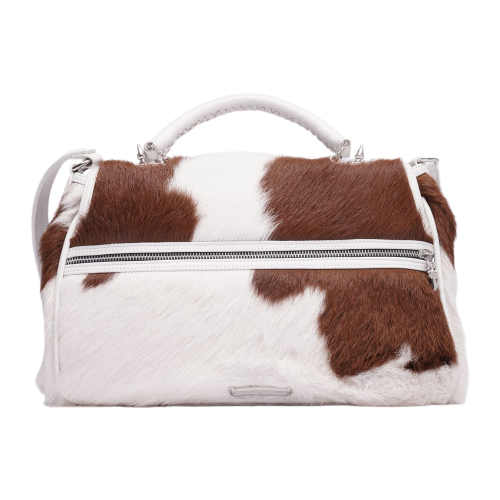 Chrome Hearts 'Brown/White Calf Hair' Silver Cross One Button White Leather Flap Bag
