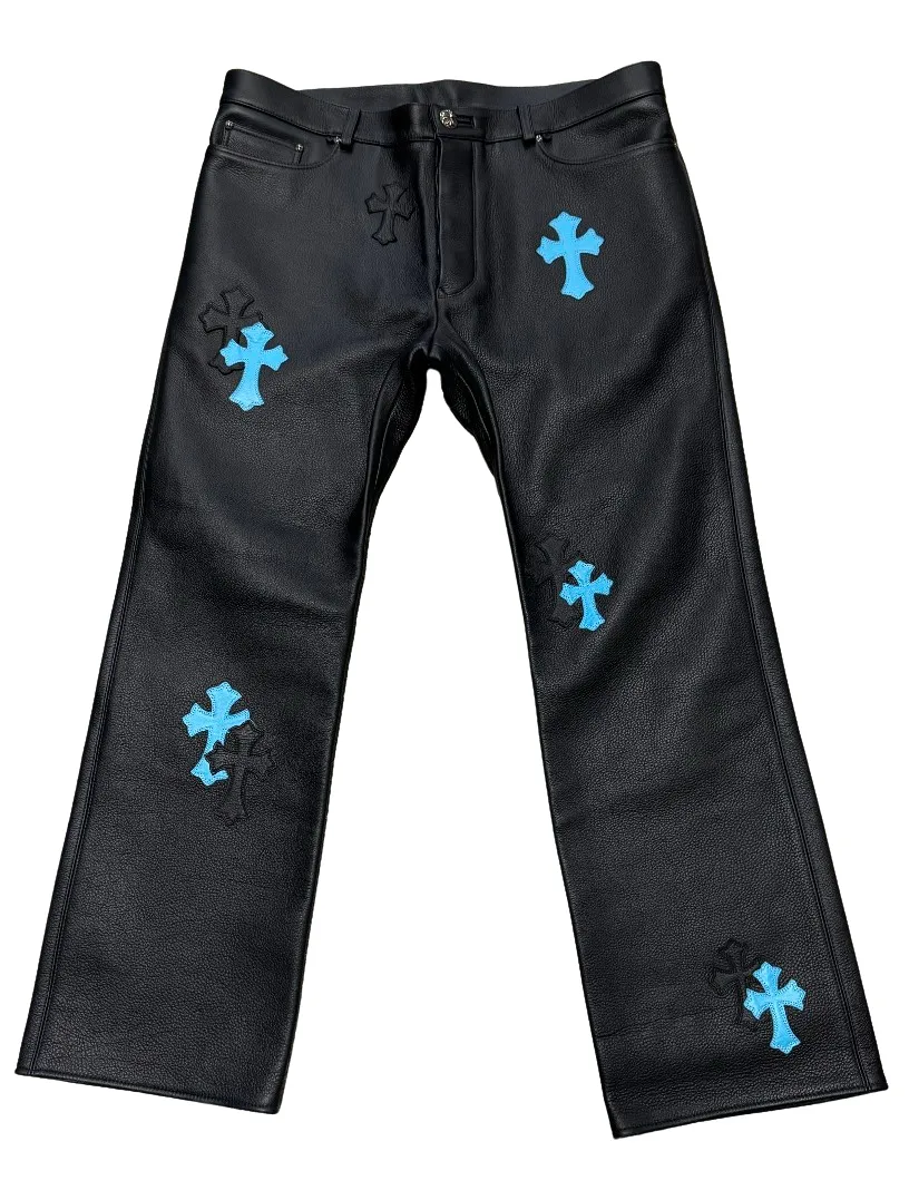 Chrome Hearts Blue Black Leather Cross 20 Patch Black Leather Pants