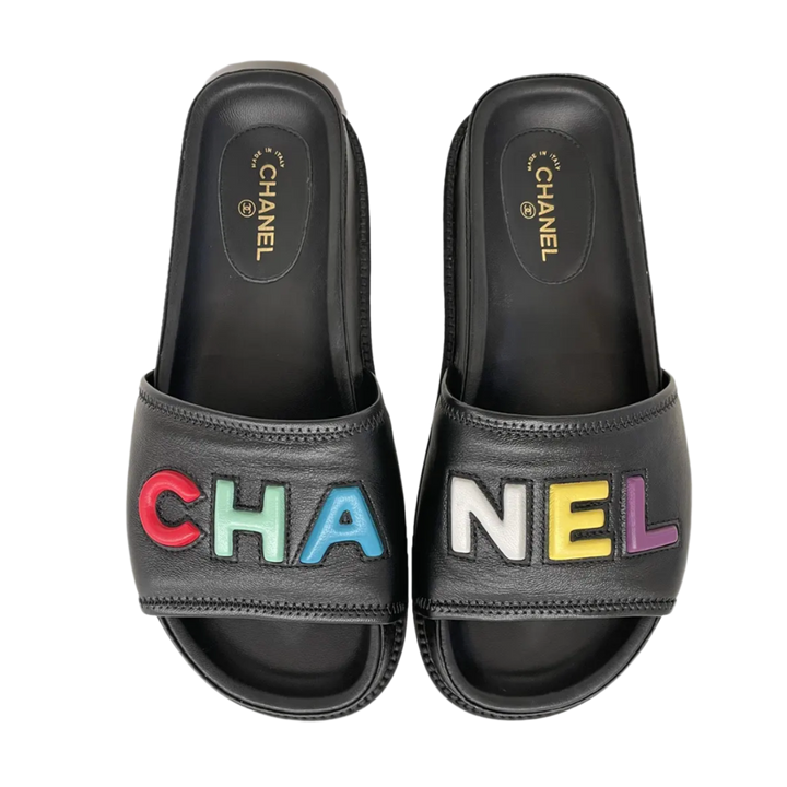 Chanel 22S 'CHA-NEL' Rainbow Logo Lambskin Mules