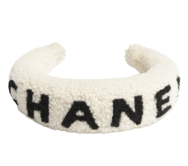 Chanel Shearling "CHANEL" Headband Black/White 25B