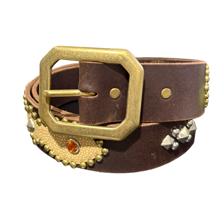 Studded 'Orange Gem/Pyramid Stud' Brown Leather Belt