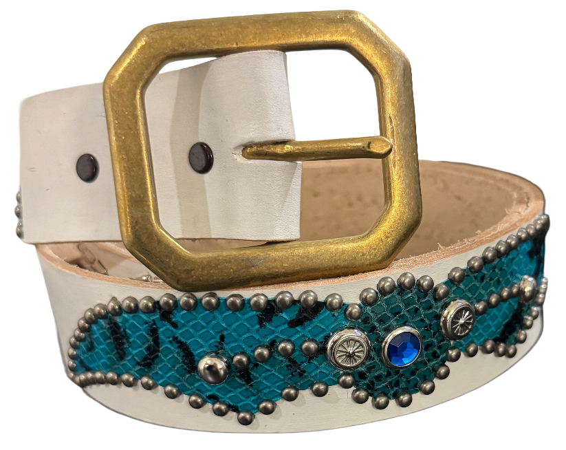 Studded 'Turqoise Snakeskin' Spider Gem White Leather Belt