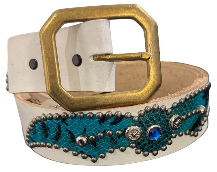 Studded 'Turqoise Snakeskin' Spider Gem White Leather Belt