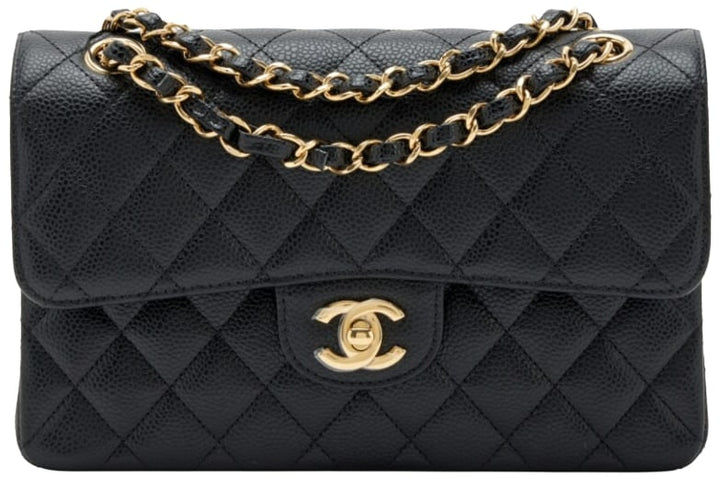Chanel 'Black Quilted Caviar' Small Classic Double Flap Bag Gold Hardware