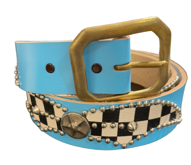 Studded 'Checkered Leather Star Spider Gem' Baby Blue Belt