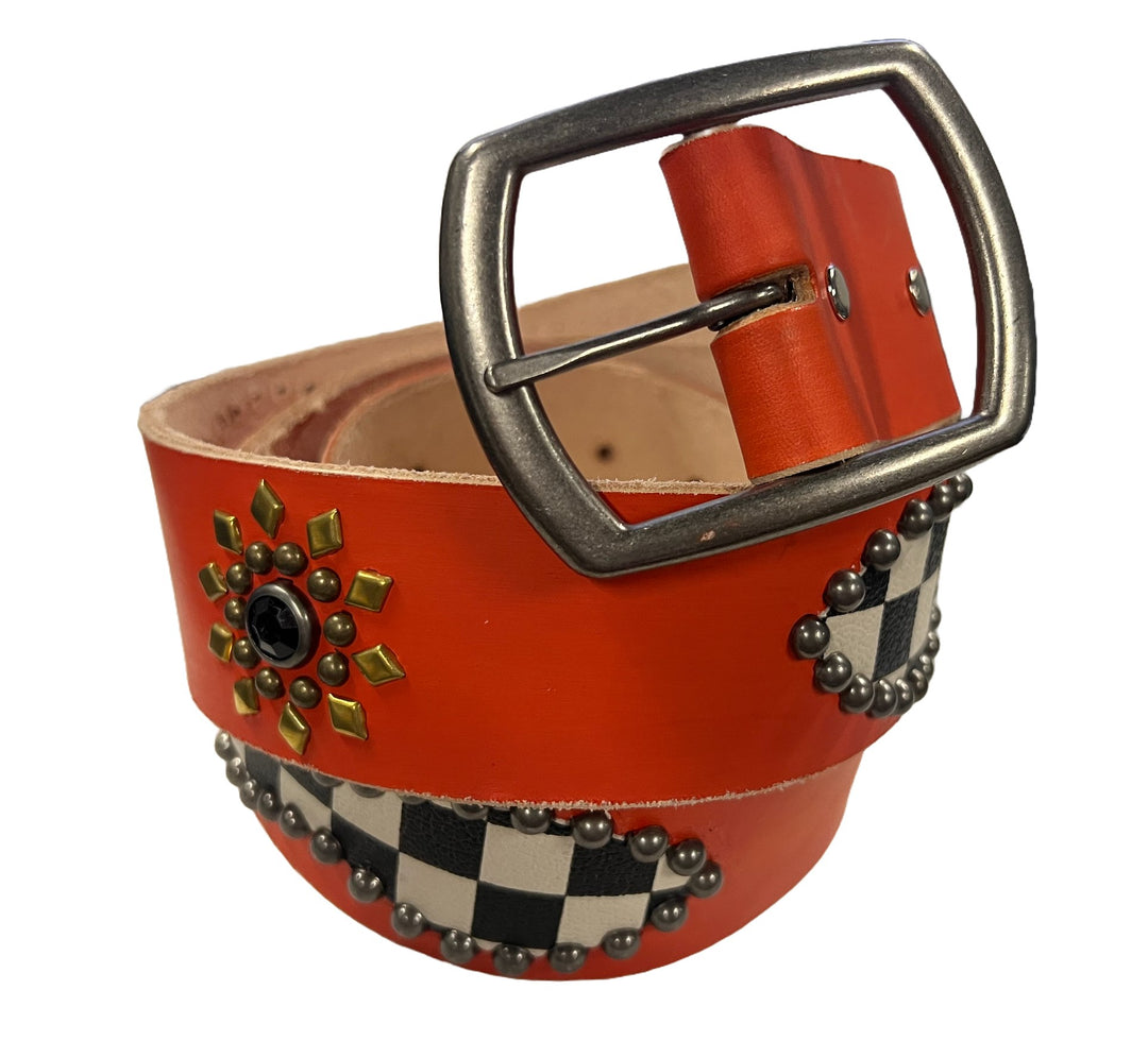 Studded 'Checkered Flower' Orange Belt