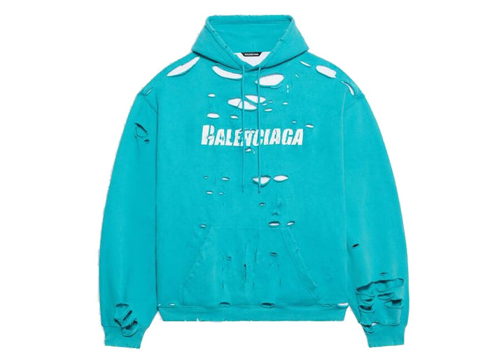 Balenciaga Caps Destroyed Hoodie Turquoise/White