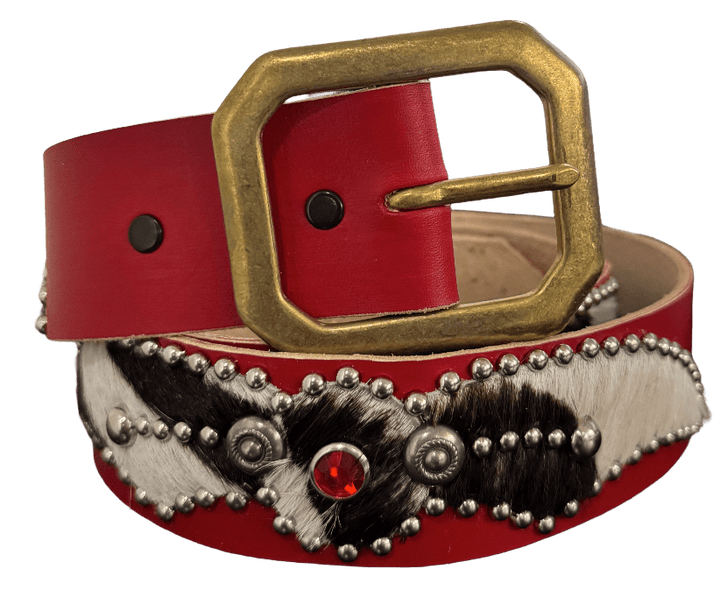 Studded 'Zebra Hair' Spider Gem Red Leather Belt