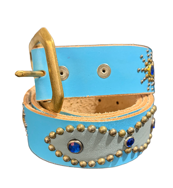 Studded 'Grey Leather/Blue Gem Sun' Baby Blue Belt