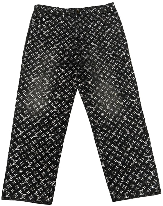 Louis Vuitton Grey Embellished Monogram Raw Edge Denim Jeans