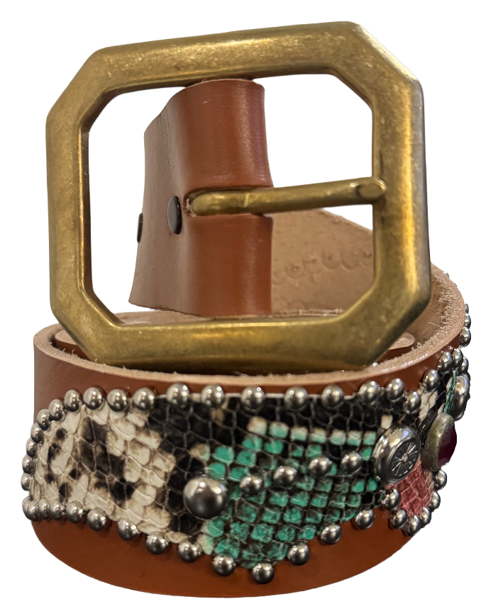 Studded 'Multi Color Snakeskin' Spider Gem Brown Leather Belt