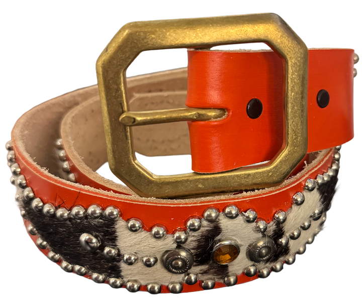 Studded 'Zebra Hair' Spider Gem Orange Leather Belt