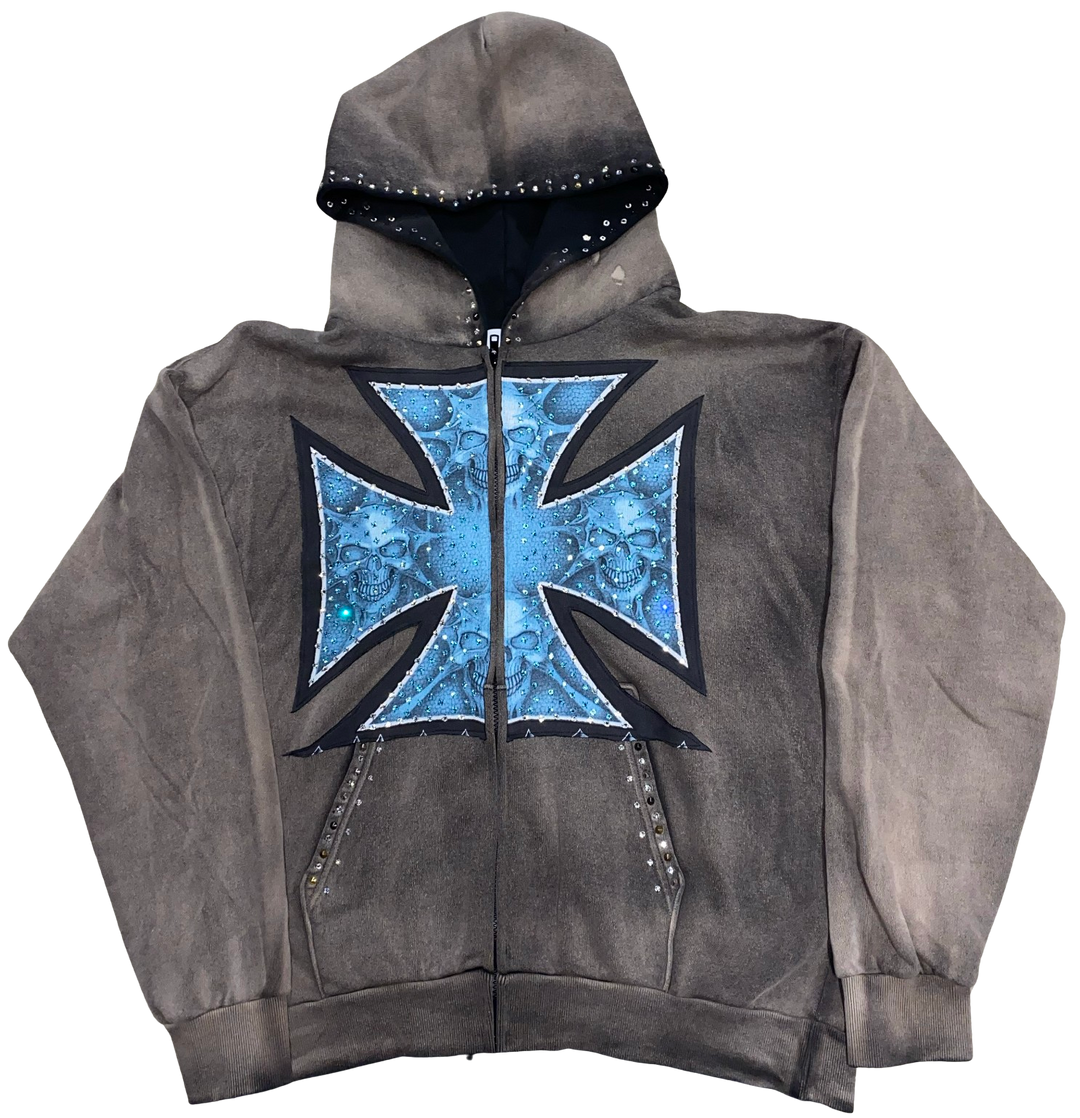 Bossi 'Blue Chopper' Rhinestone Black Zip Up Hoodie
