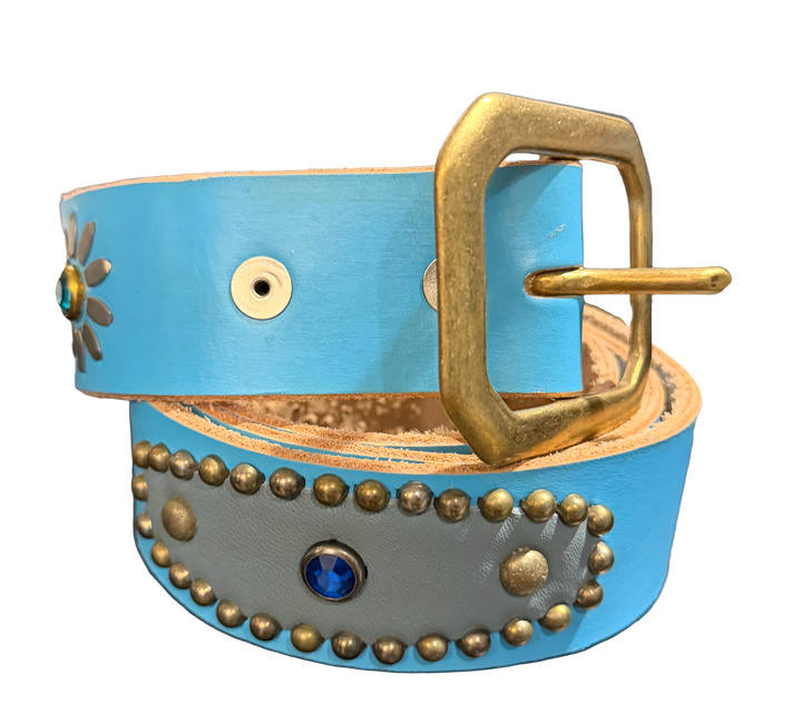 Studded 'Silver Leather/ Sun Gem' Baby Blue Belt