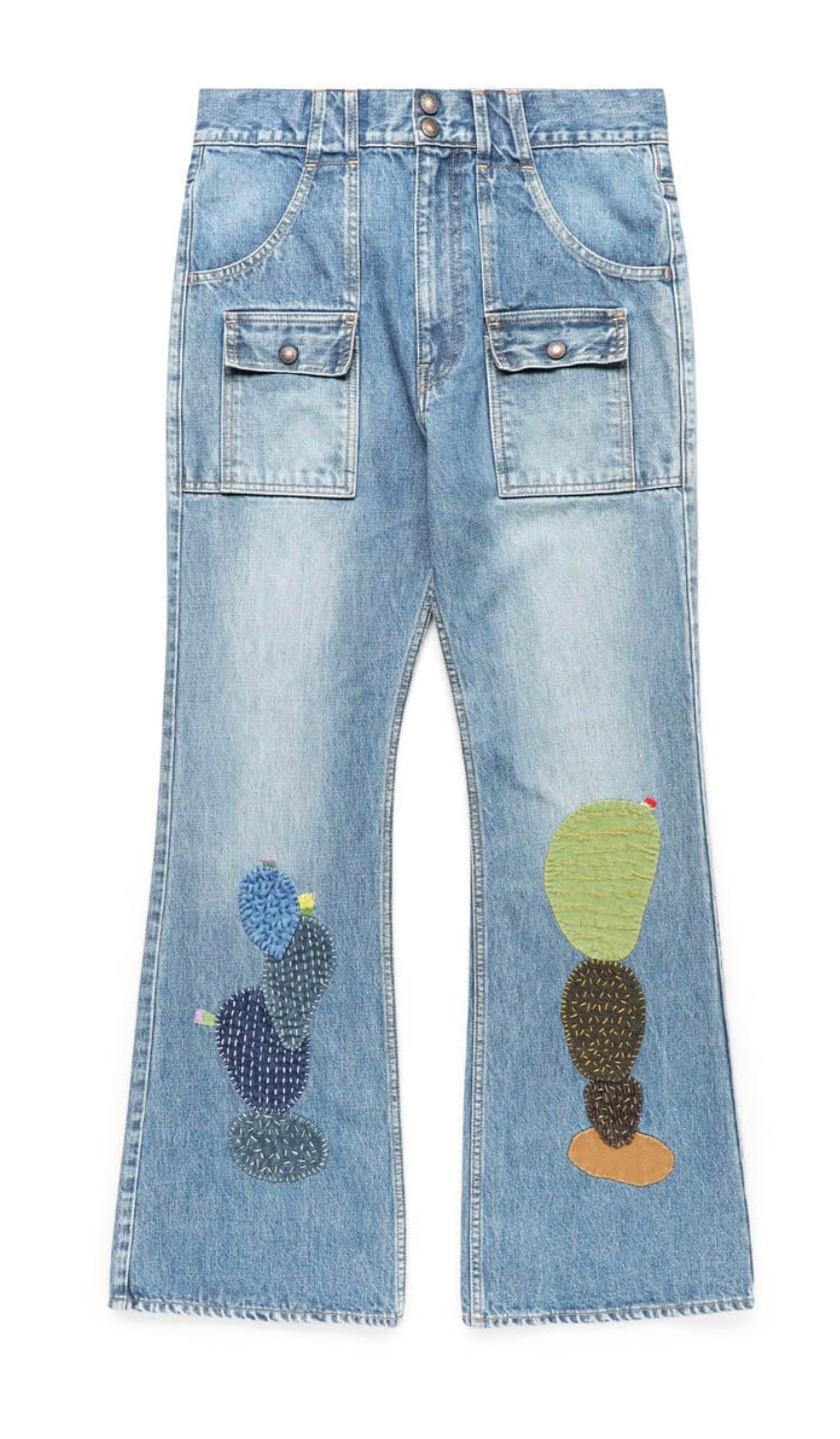 Kapital 14 Oz Denim Bush 'Cactus Emroidery' Flare Jeans