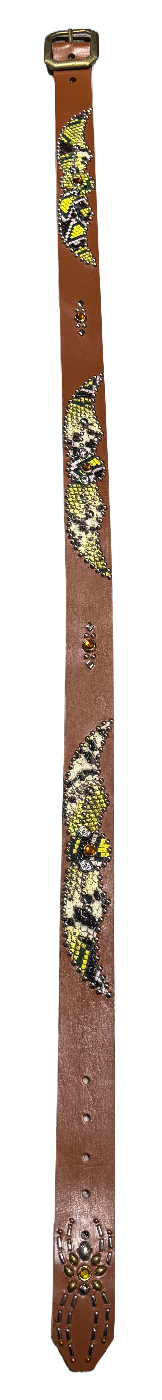 Studded 'Multicolor Yellow Snakeskin' Spider Gem Brown Leather Belt